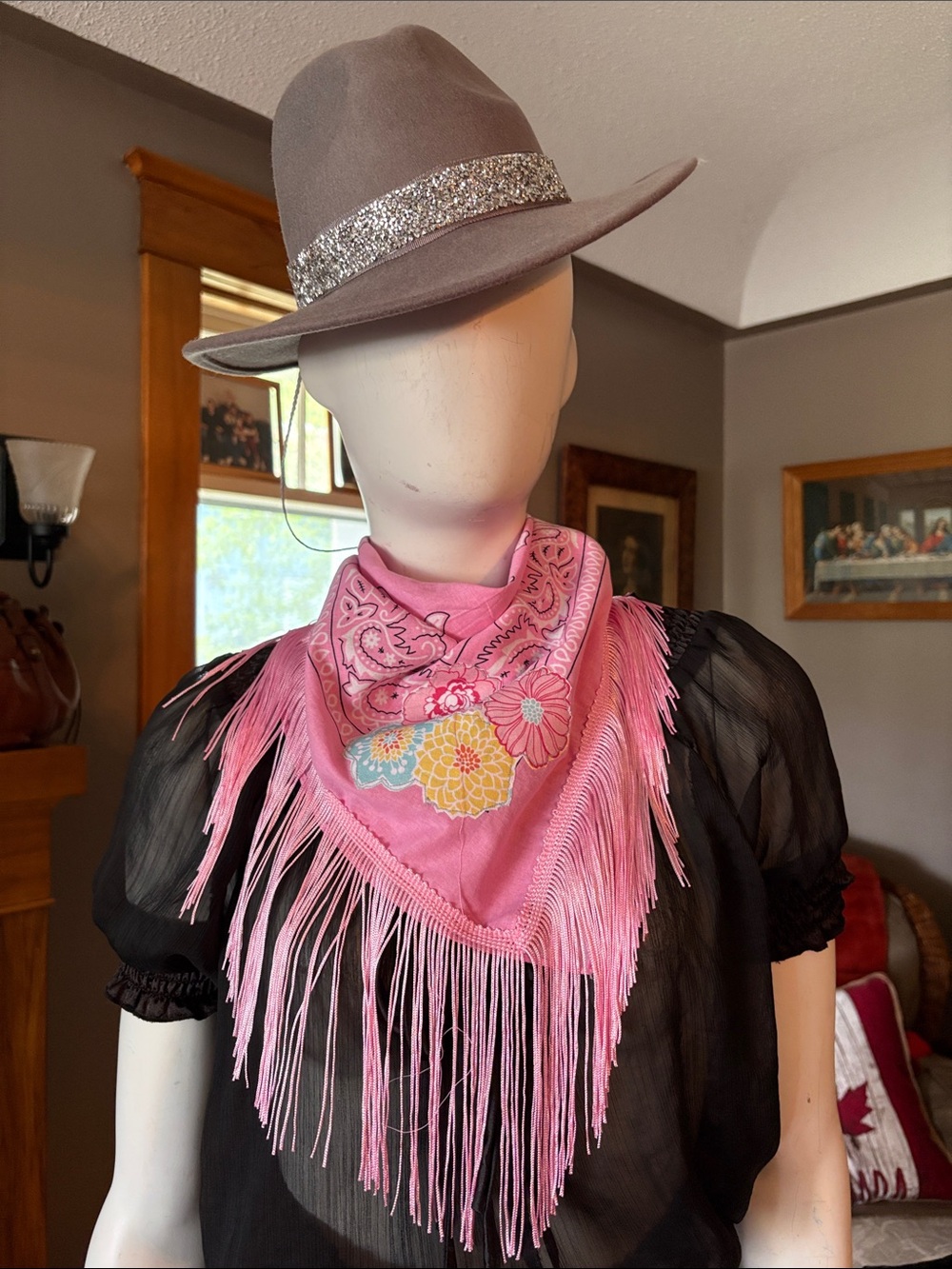 # 126  Fringed Pink Floral Bandana